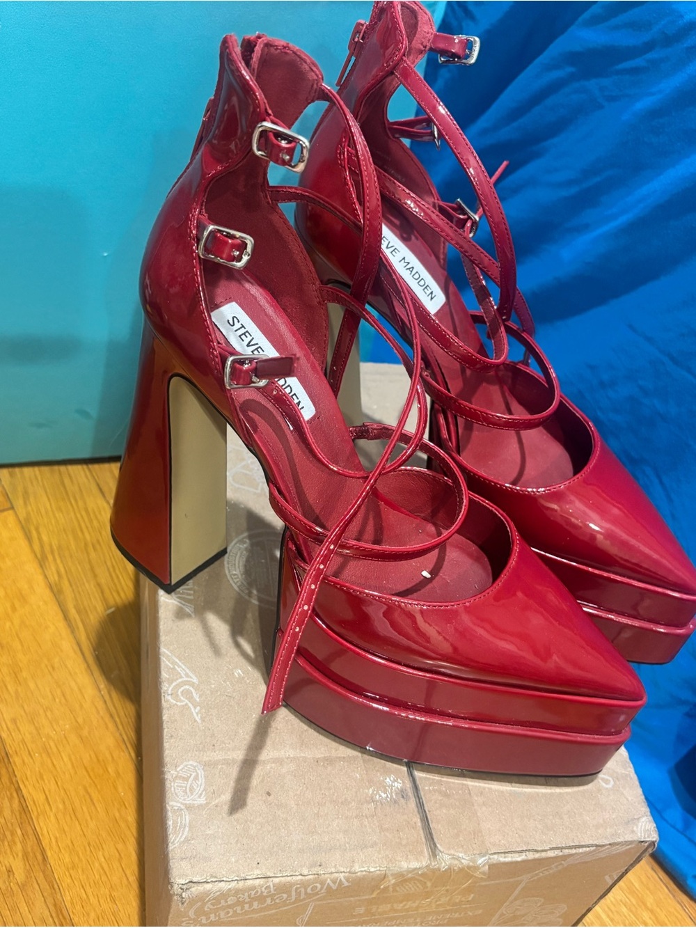 Steve Madden Red Patent Platform Block Heels with Strappy Wrap - Picture 5 of 8